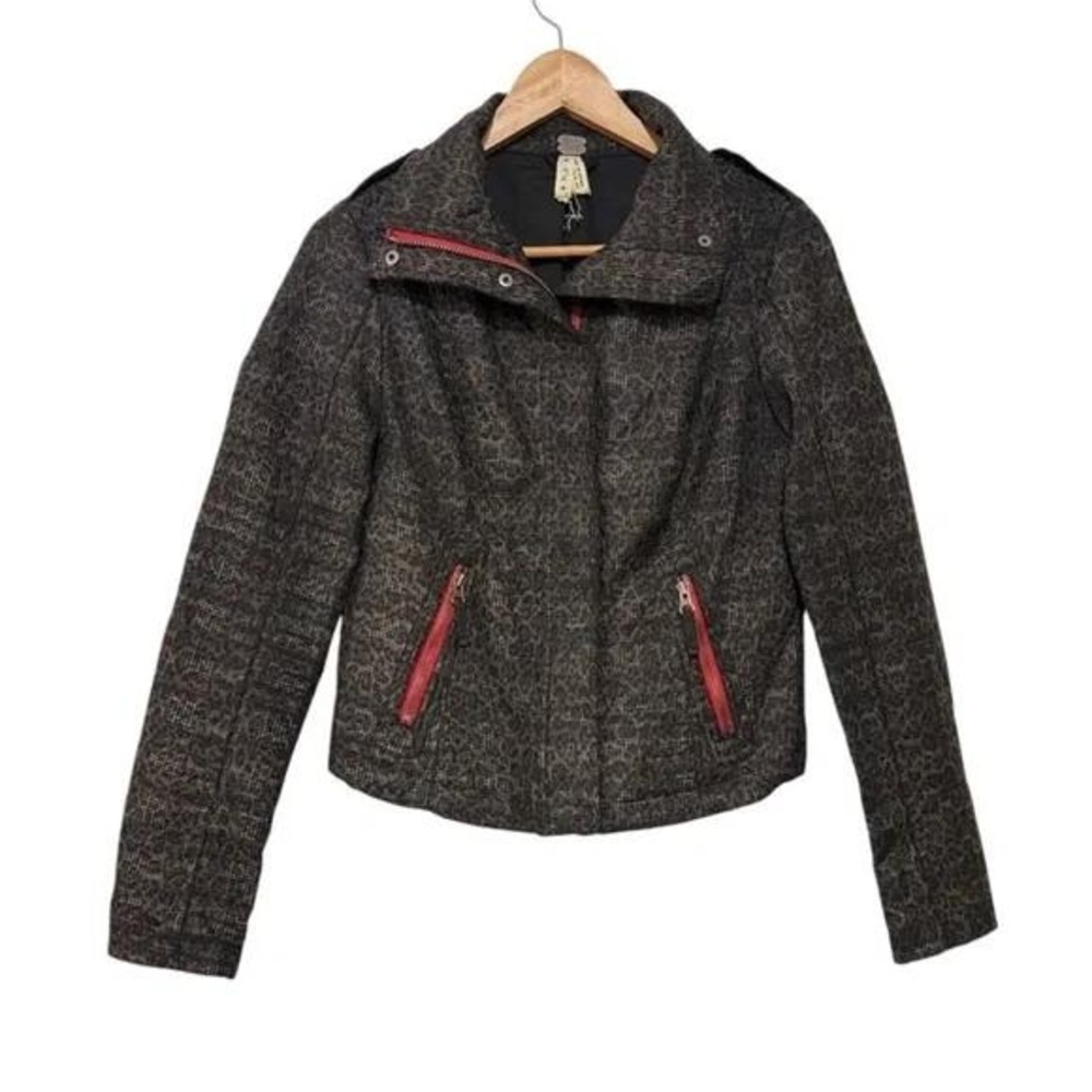 We The Free Moto Jacket Leopard‎ Print Red Trim Pockets Full Zip Size 2